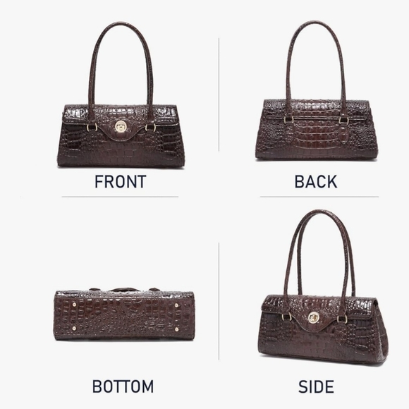 Dark Brown Crocodile Textured Shoulder Bag with Structured Design - Picture 4 of 7